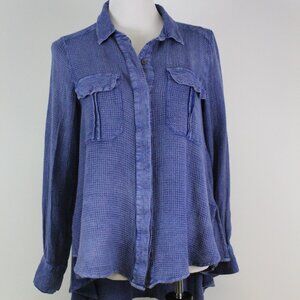 Free People Oversized Waffle Weave Tunic Shirt Boho Hi Low Blue Button Down Med